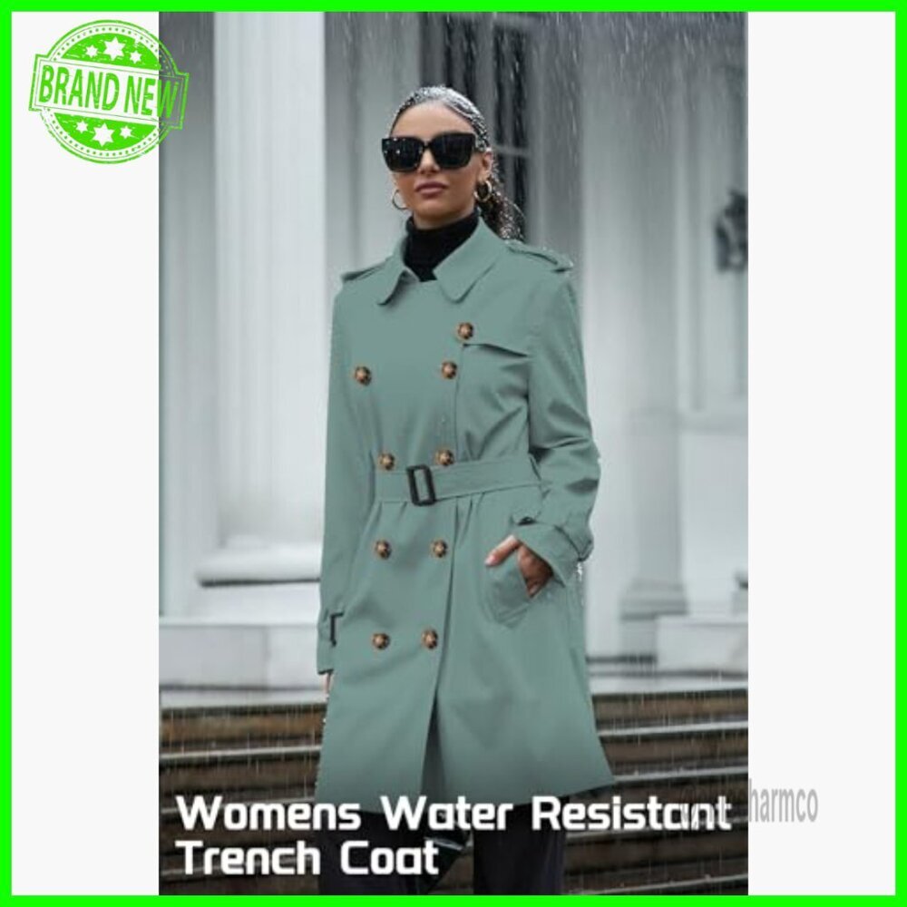 Waterproof Double Breasted Trench Coat with Belt, Fitted Polyester - Picture 5 of 7
